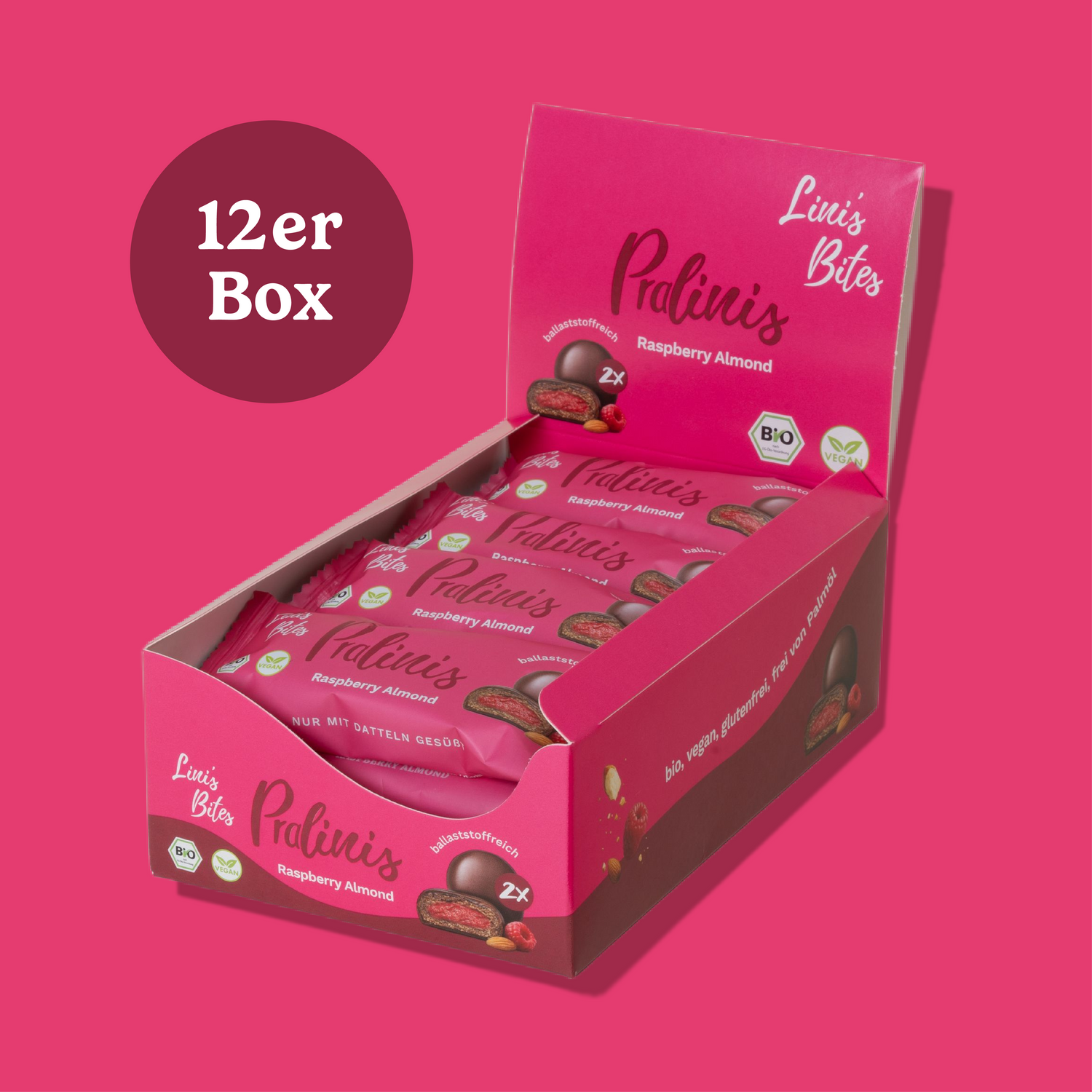 Frambozen Amandel Karamel Pralinis - Biologisch (Doos van 12)