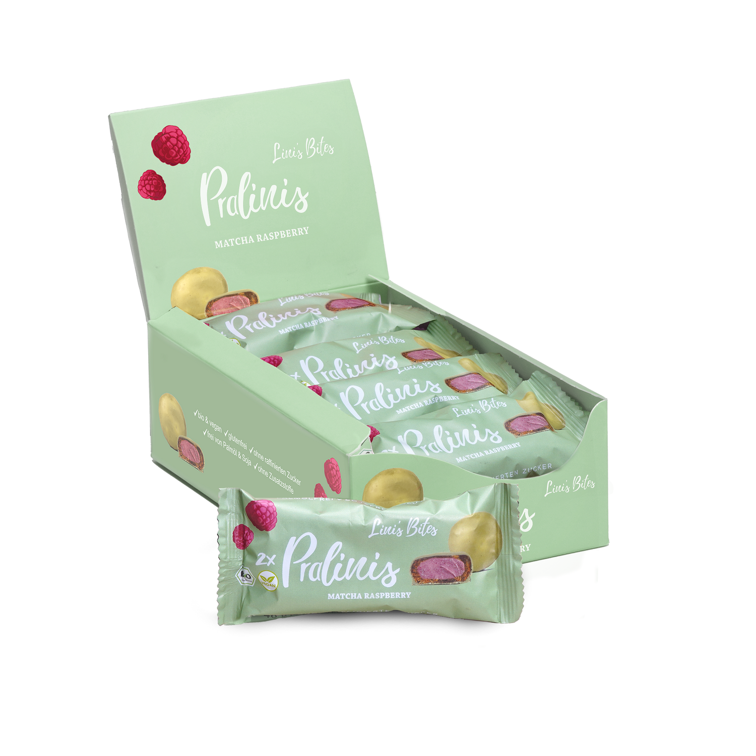 Organic Pralinis Matcha Raspberry (box of 12)