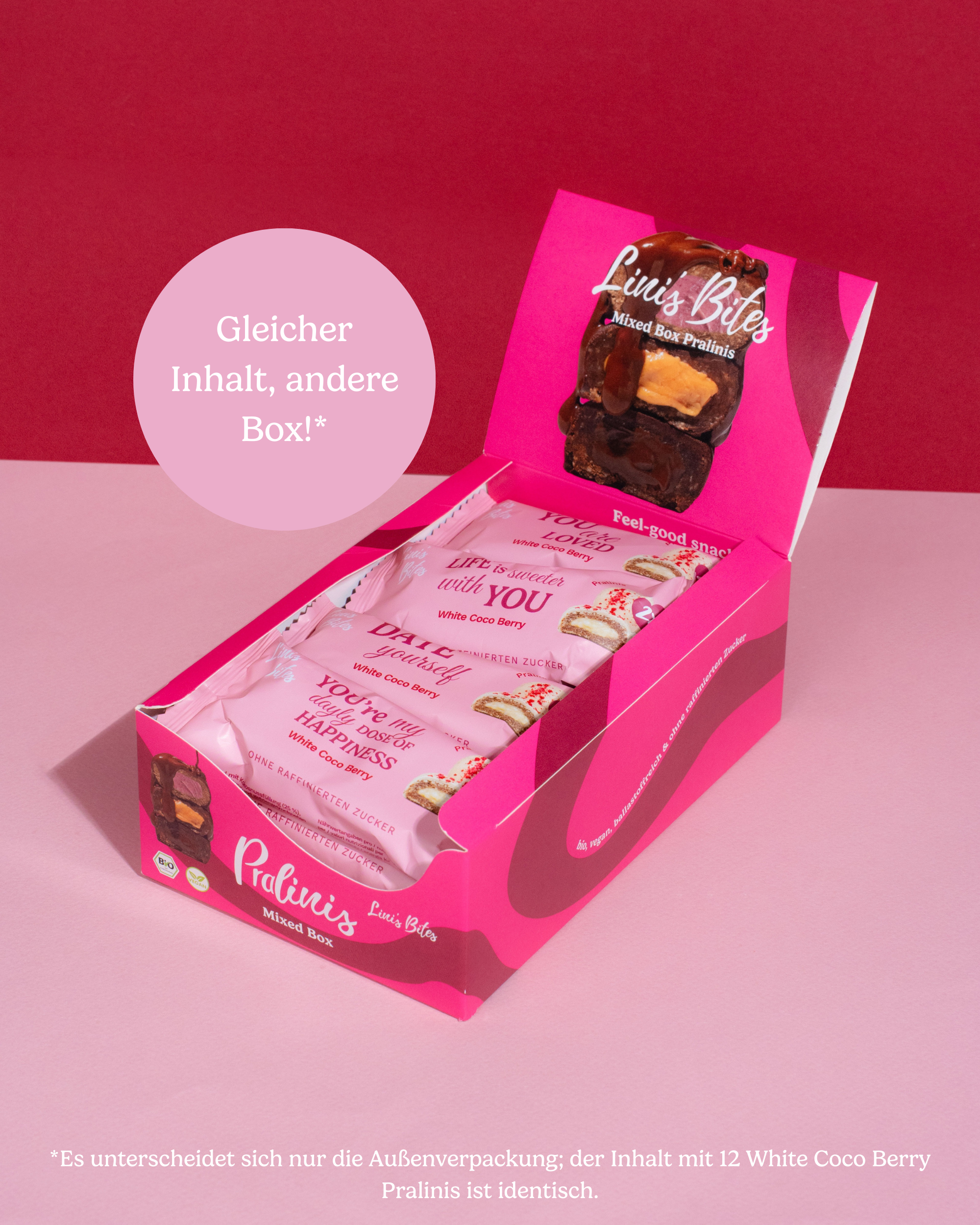 Weiße Pralinis von Linis Bites – Energy Ball-Praline Hybrid, Sorte White Coco Berry – Packansicht Displaybox mit Störer und Textinfos